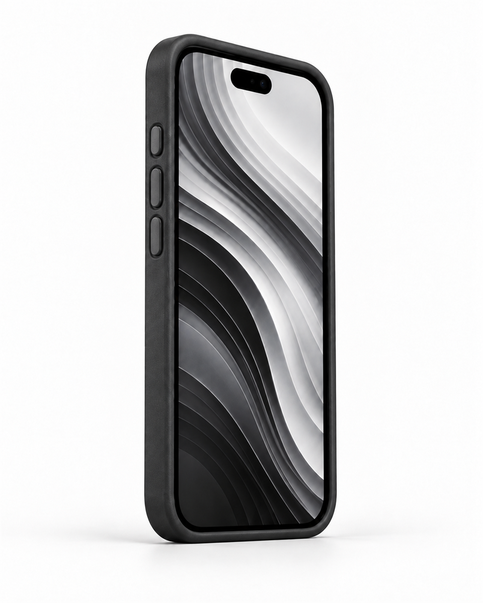 STANDLI IPHONE 15 PLUS SİYAH DERİ TELEFON KILIFI