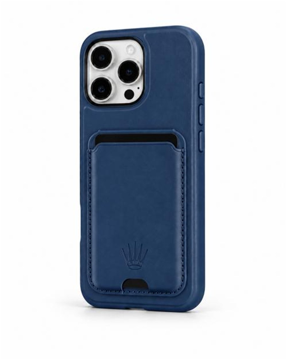 Standlı iPhone 15 Pro Max Lacivert Deri Telefon Kılıfı