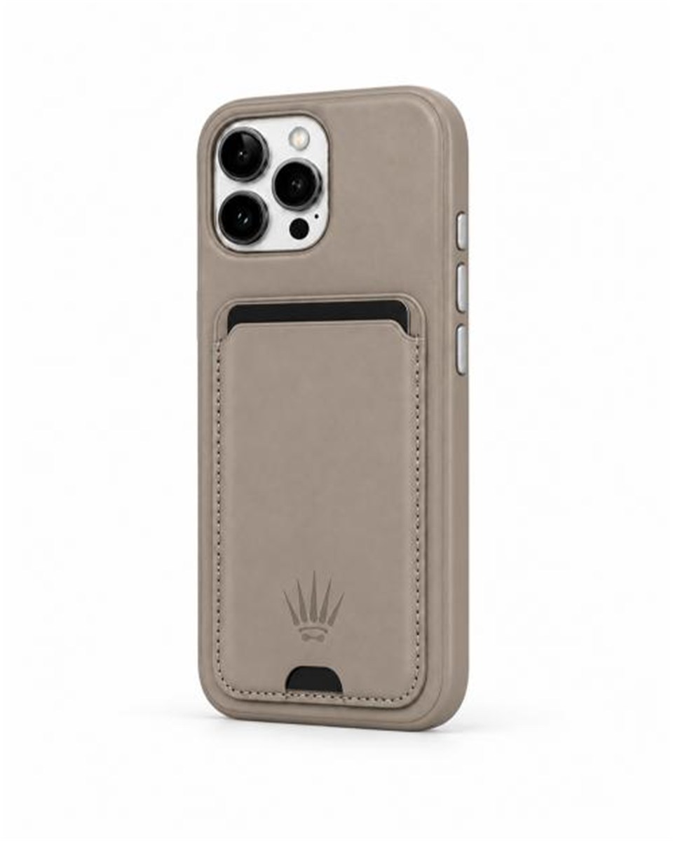 Standlı iPhone 15 Krem Deri Telefon Kılıfı