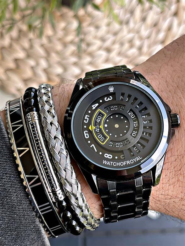 Çelik Kordonlu Sarı Siyah Unisex Kol Saati 316L Çelik Kasa, Hardlex Mineral Cam, 3ATM Speedmaster