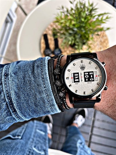 ROLLER DESIGN BLACK-WHITE STEEL MESH KOL SAATİ