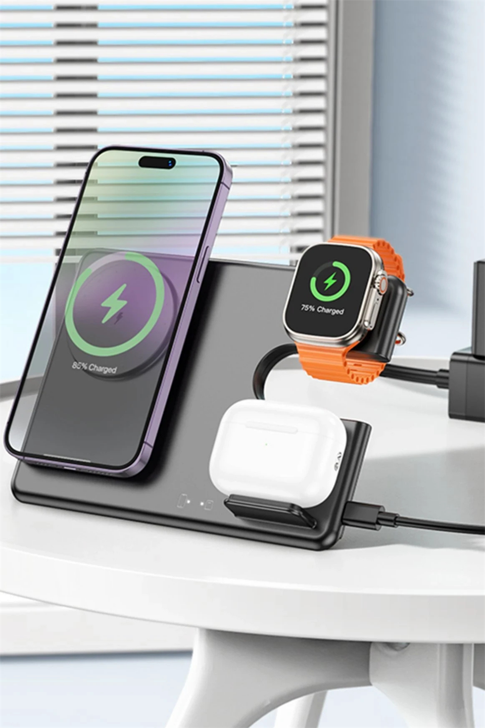 MagDesk 15W Hızlı Şarj Katlanabilir 3lü Stand.Type-C Girişli Güç Merkezi