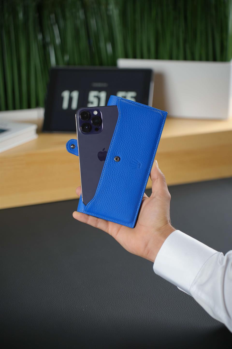 Hakiki Deri Cüzdan Mavi Telefon Cüzdanı 13 Kart Bölmeli Çıkarılabilir Kartlık ve Portföy Çanta Empire