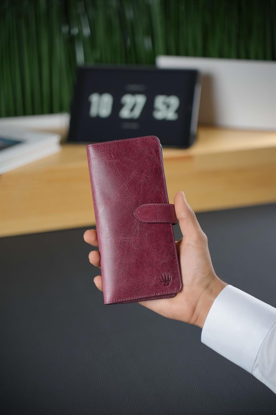 Hakiki Deri Bordo Cüzdan Telefon Cüzdanı 9 Kart Bölmeli Şık Portföy Tasarım Fermuar ve Para Bölmeli Lucy