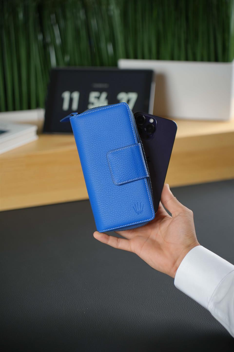 Hakiki Deri Cüzdan Mavi %100 Hakiki Deri Telefon Cüzdanı 16 Kart Bölmeli Portföy Manyetik Kilit Fermuar Patrick