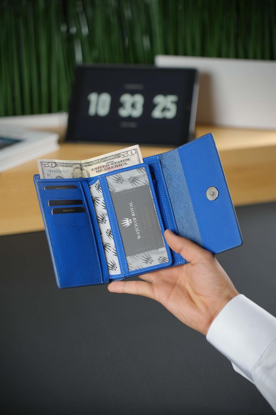 Hakiki Deri Mavi Cüzdan 14 Kart Bölmeli Kartlık ve Mekanizmalı Portföy Çanta Rushher