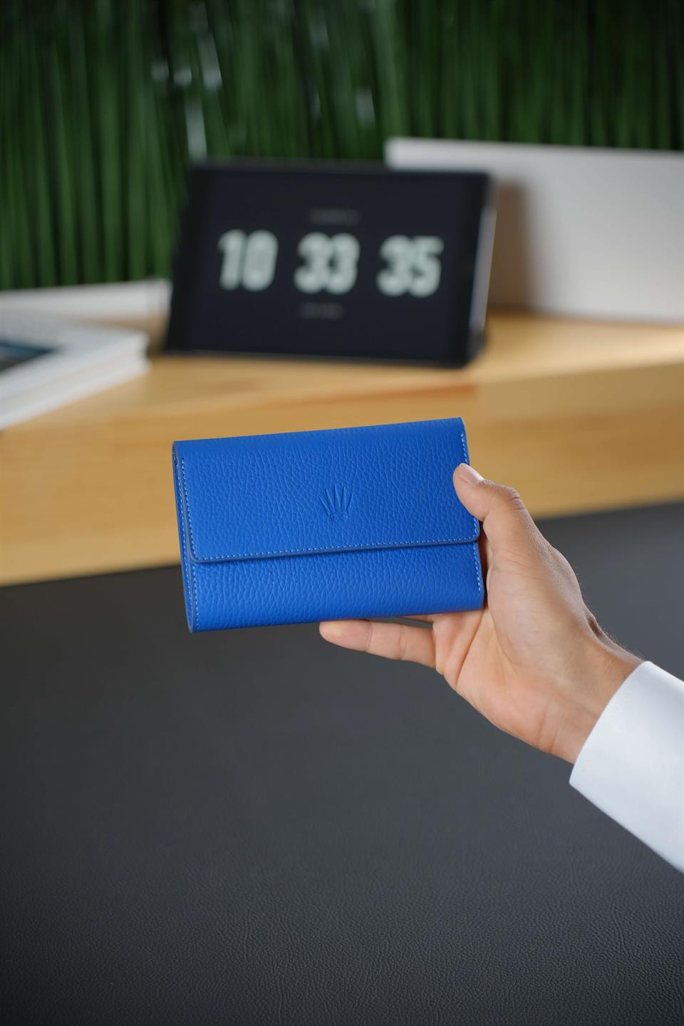 Hakiki Deri Mavi Cüzdan 14 Kart Bölmeli Kartlık ve Mekanizmalı Portföy Çanta Rushher