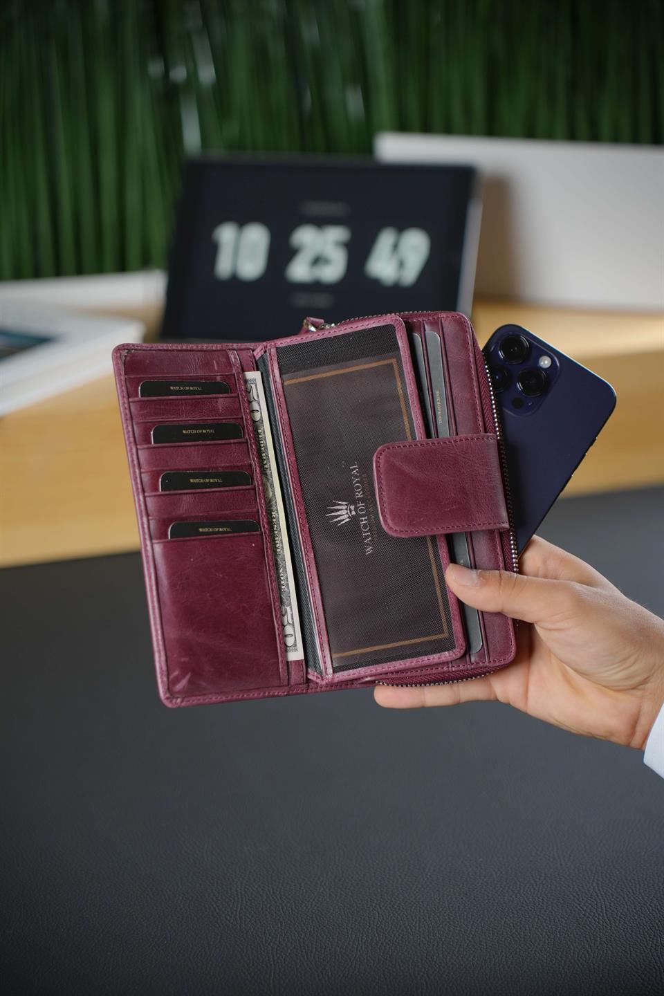 Hakiki Deri Bordo Cüzdan&Telefon Cüzdanı 16 Kart Bölmeli Kartlık ve Portföy Çanta Twin