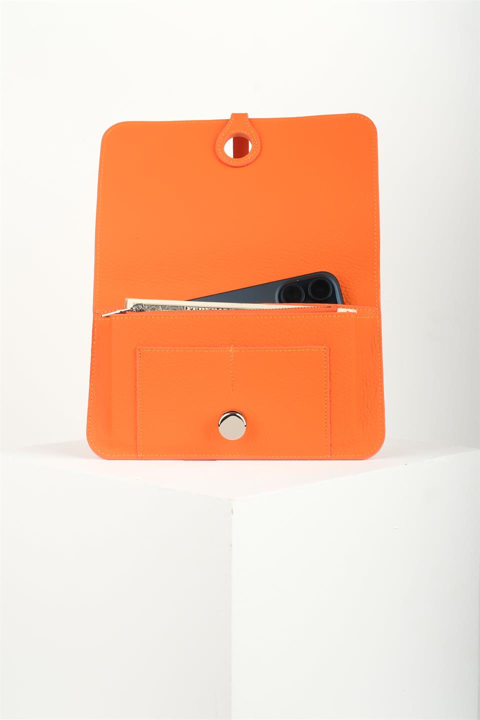 DIONİS TURUNCU HAKİKİ DERİ TELEFON CÜZDANI VE KARTLIK