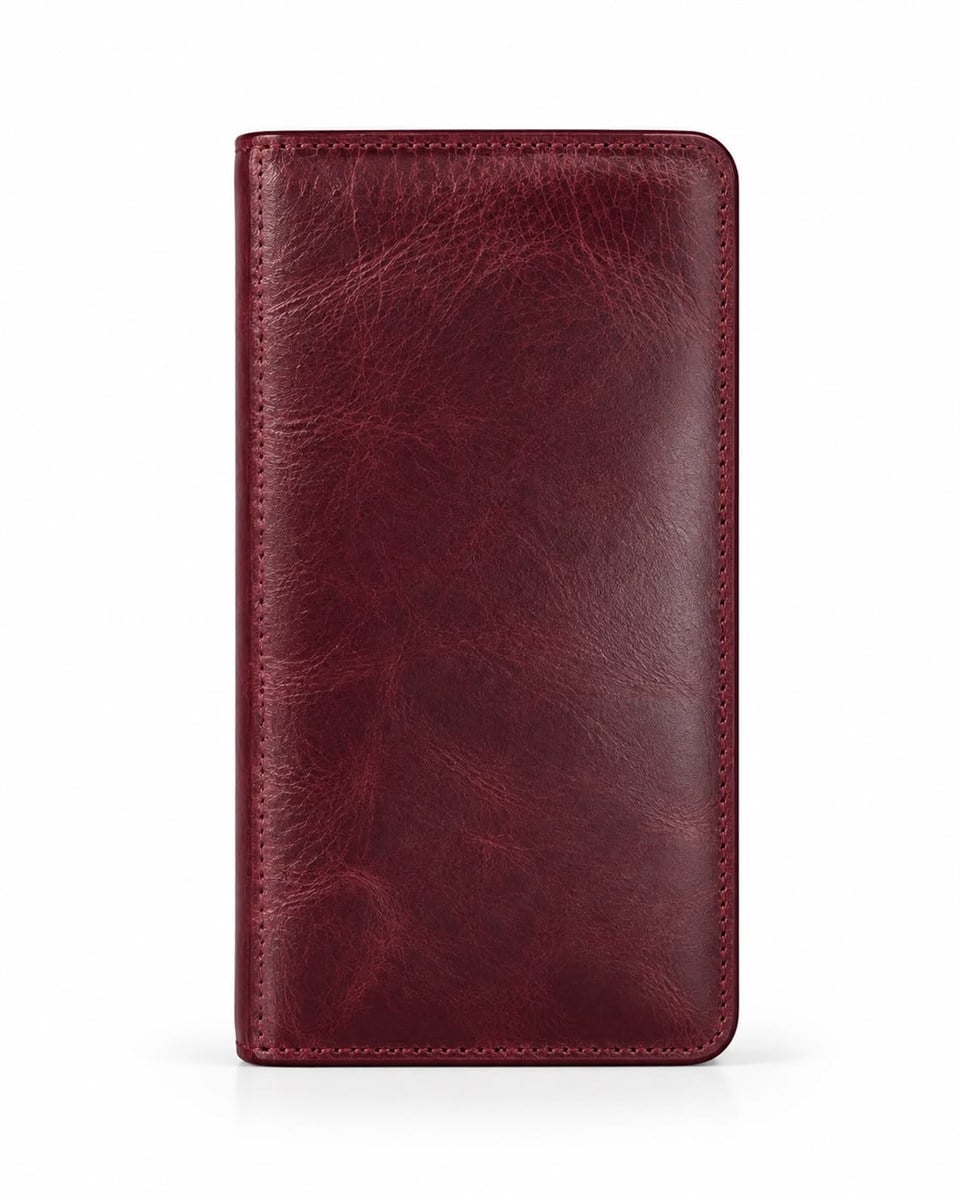 Hakiki Deri Cüzdan Tıguan Bordo Çift Bölme Telefon Cüzdanı 7 Kart Bölmesi Portföy Çanta Elegant