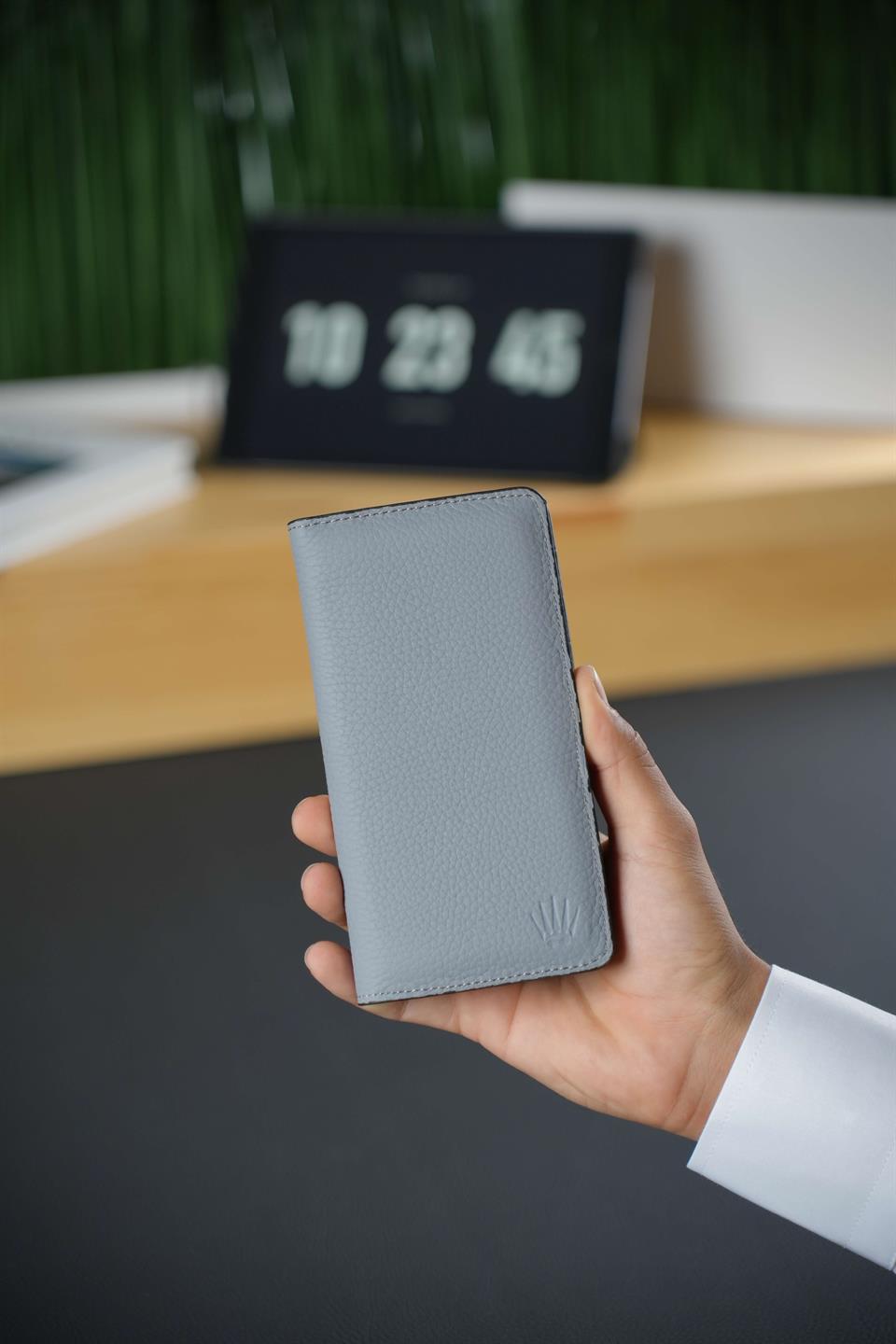 Hakiki Deri Cüzdan Gri Çift Bölme Telefon Cüzdanı 7 Kart Bölmesi Portföy Çanta Elegant