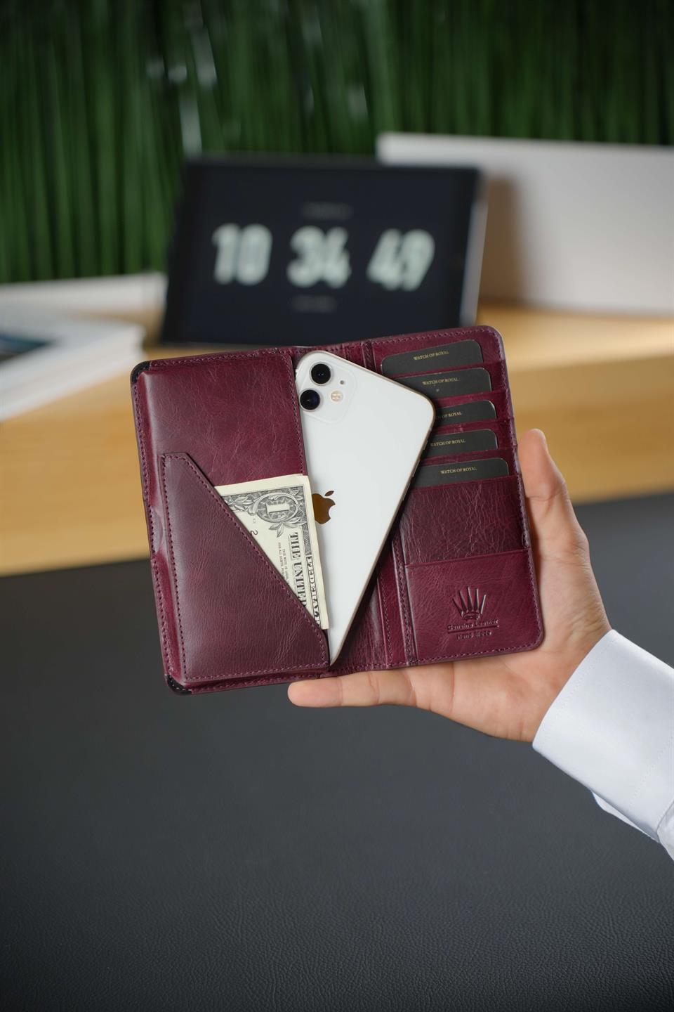 Hakiki Deri Cüzdan Tıguan Bordo Çift Bölme Telefon Cüzdanı 7 Kart Bölmesi Portföy Çanta Elegant