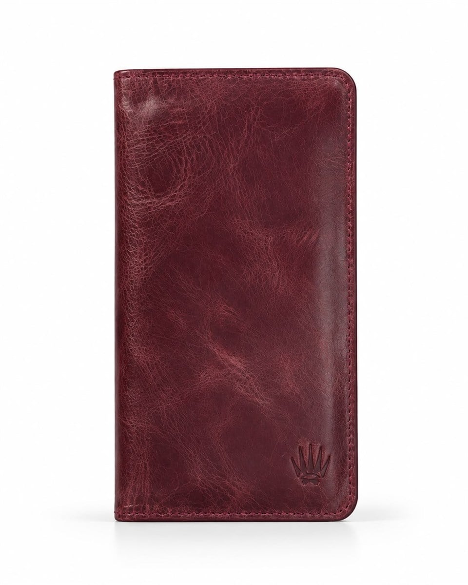 Hakiki Deri Cüzdan Tıguan Bordo Çift Bölme Telefon Cüzdanı 7 Kart Bölmesi Portföy Çanta Elegant