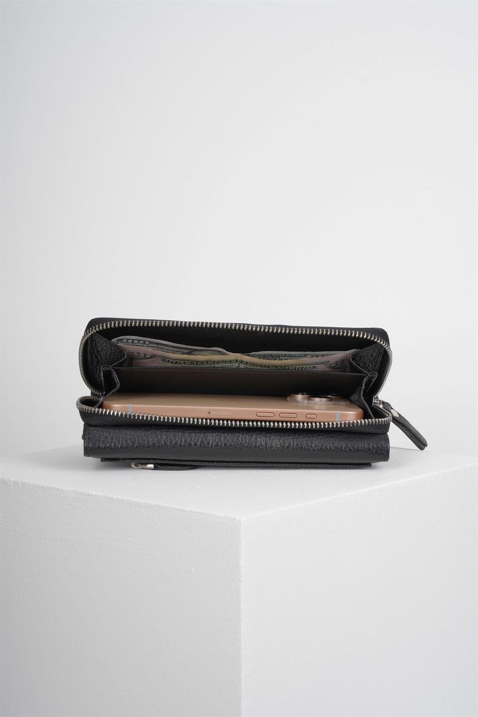 FINE SİYAH HAKİKİ DERİ TELEFON CÜZDANI