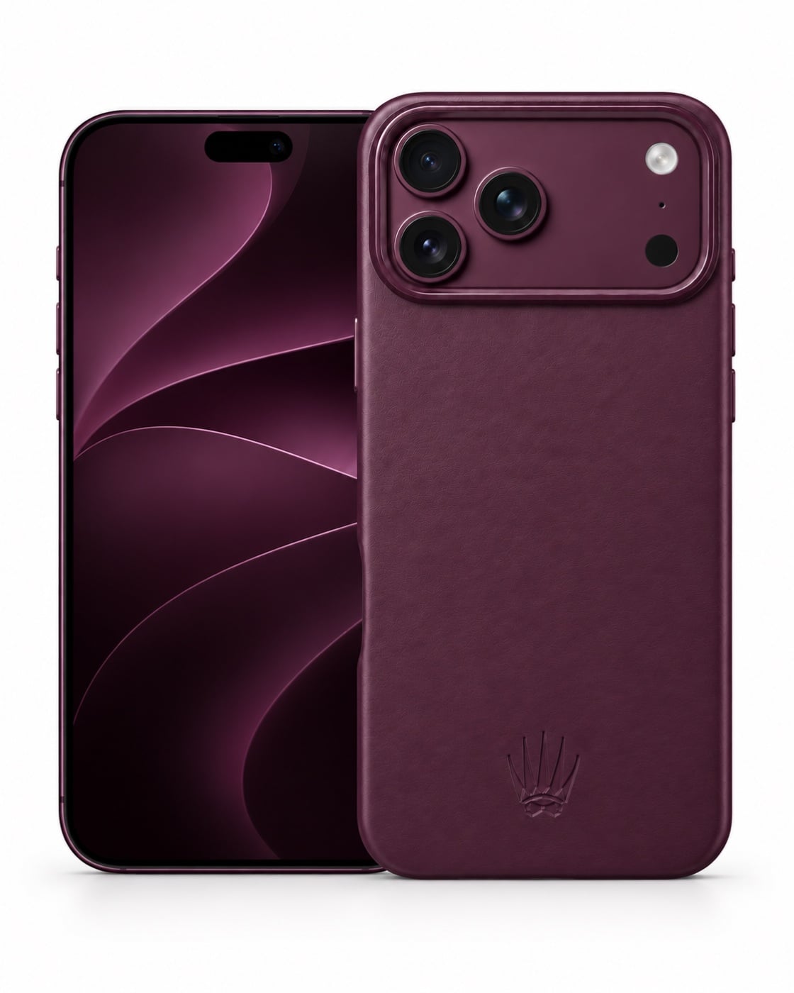 Bordo BexoCase kılıflı iPhone 18 Pro Max ön ve arka görünümü