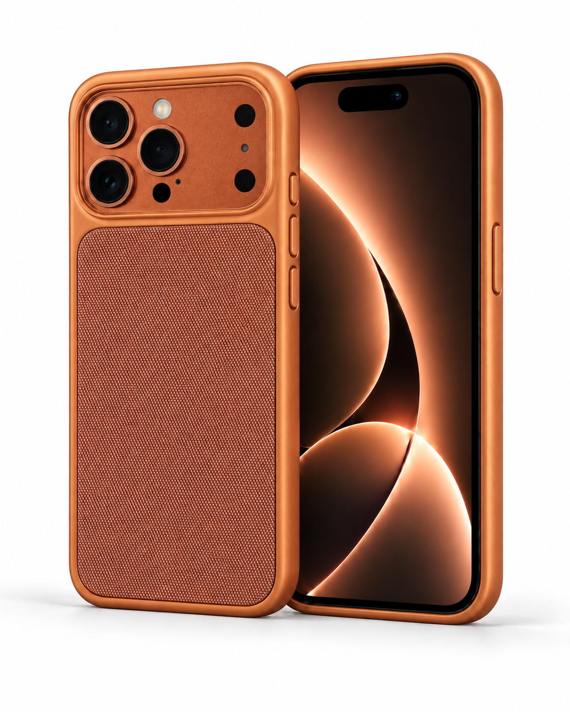 Turuncu Gridcase iPhone 17 Pro kılıfın ön ve arka görünümü