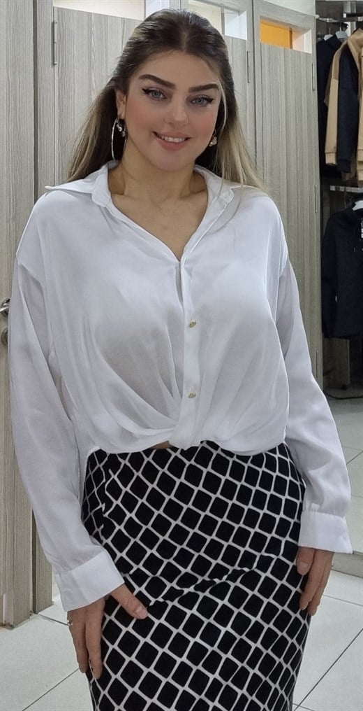 Bluz 1501 Önden Düğümlü Saten Bluz - Maya Butik