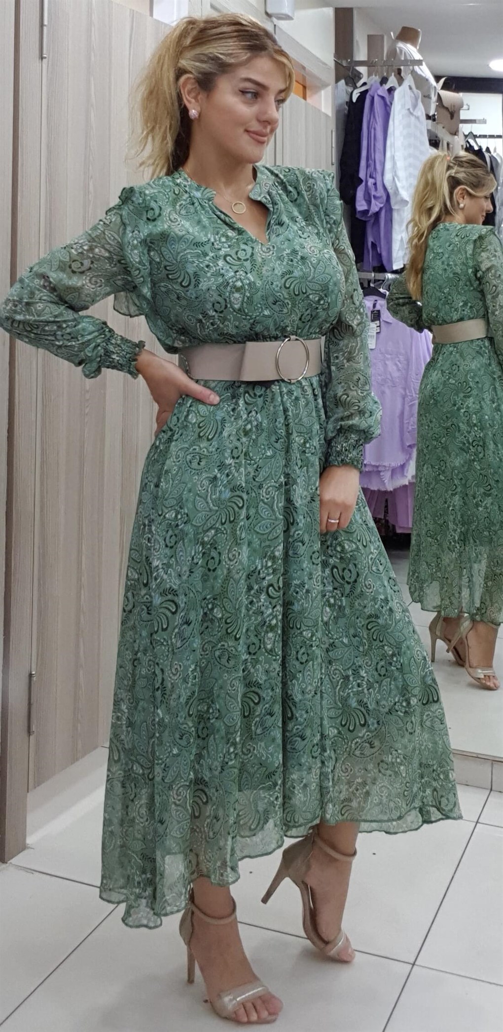 5236 Uzun Kemer Şifon Elbise Maya Butik | Yeni Sezon Ürünler 127,99 TL