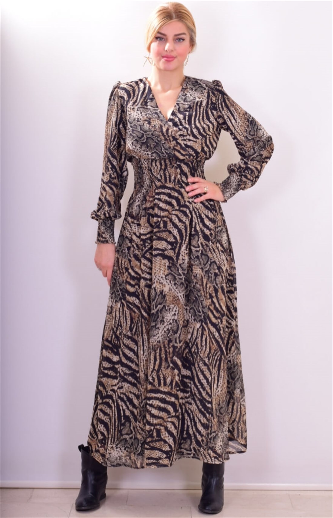 5297 Yılan Desenli Uzun Şifon Elbise Maya Butik | Yeni Sezon Ürünler 179,99  TL