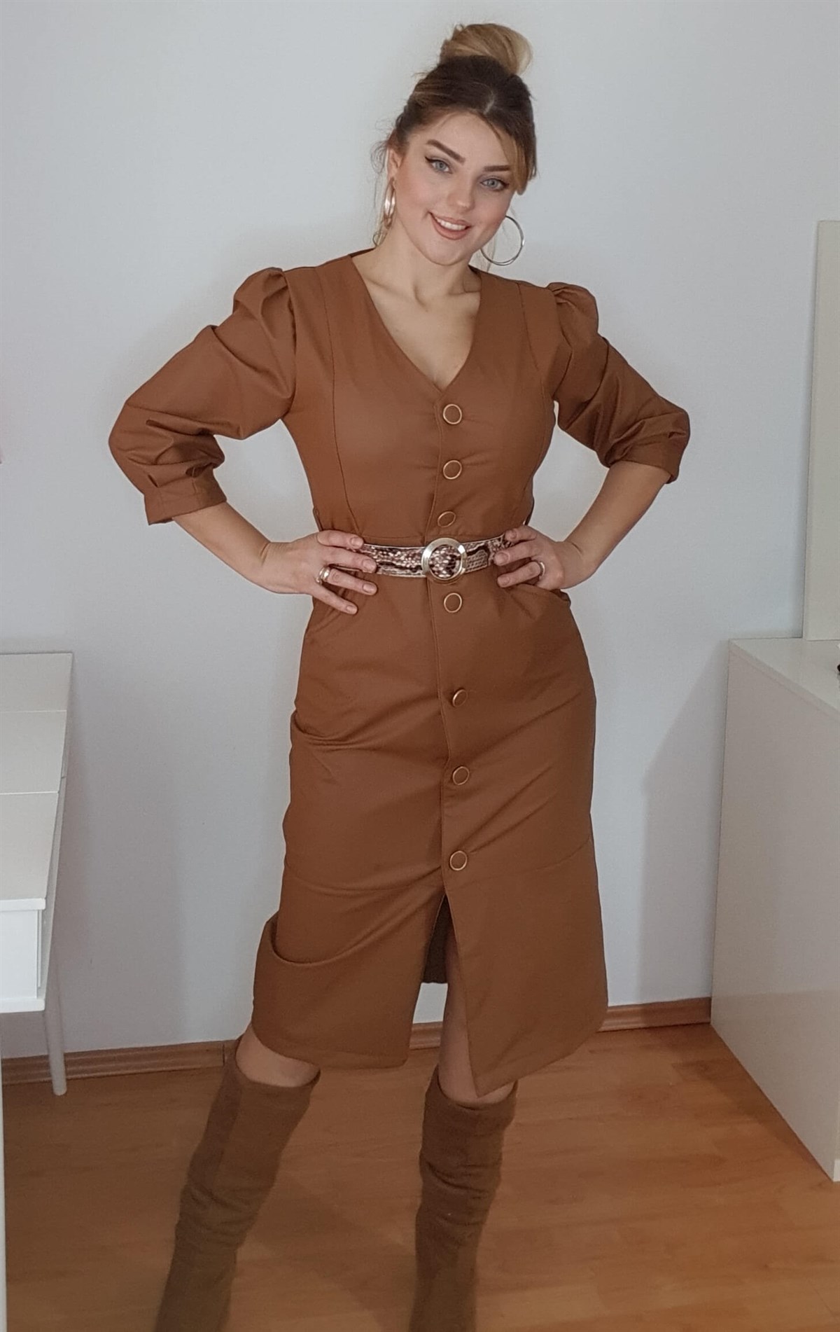 7456 Deri Kemer Detay Elbise