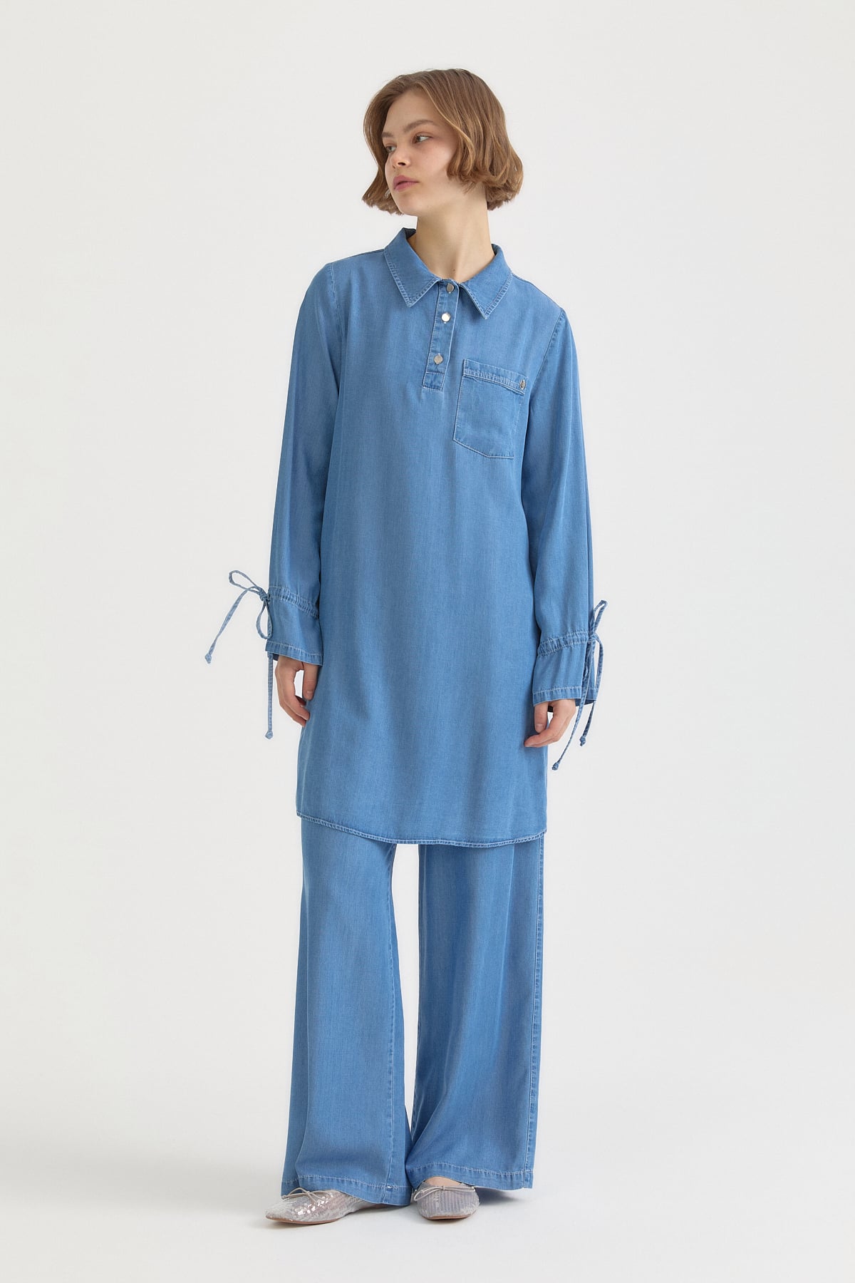Bağcık Detaylı Lyocell Pantolon Tunik Takım  Buz