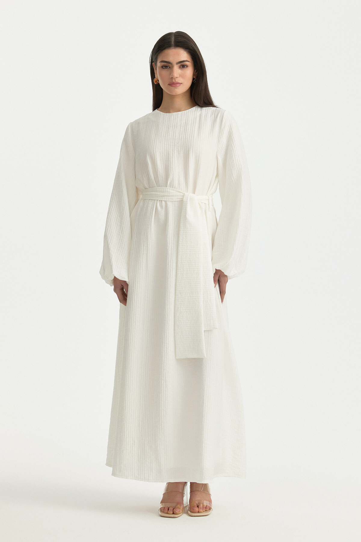 Balon Kollu Kuşaklı Elbise  Ekru