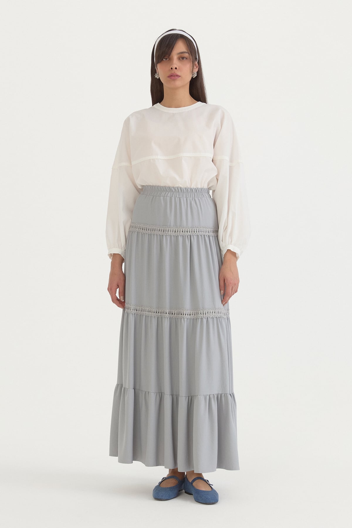 Beli Lastikli Çingene Etek  Gri