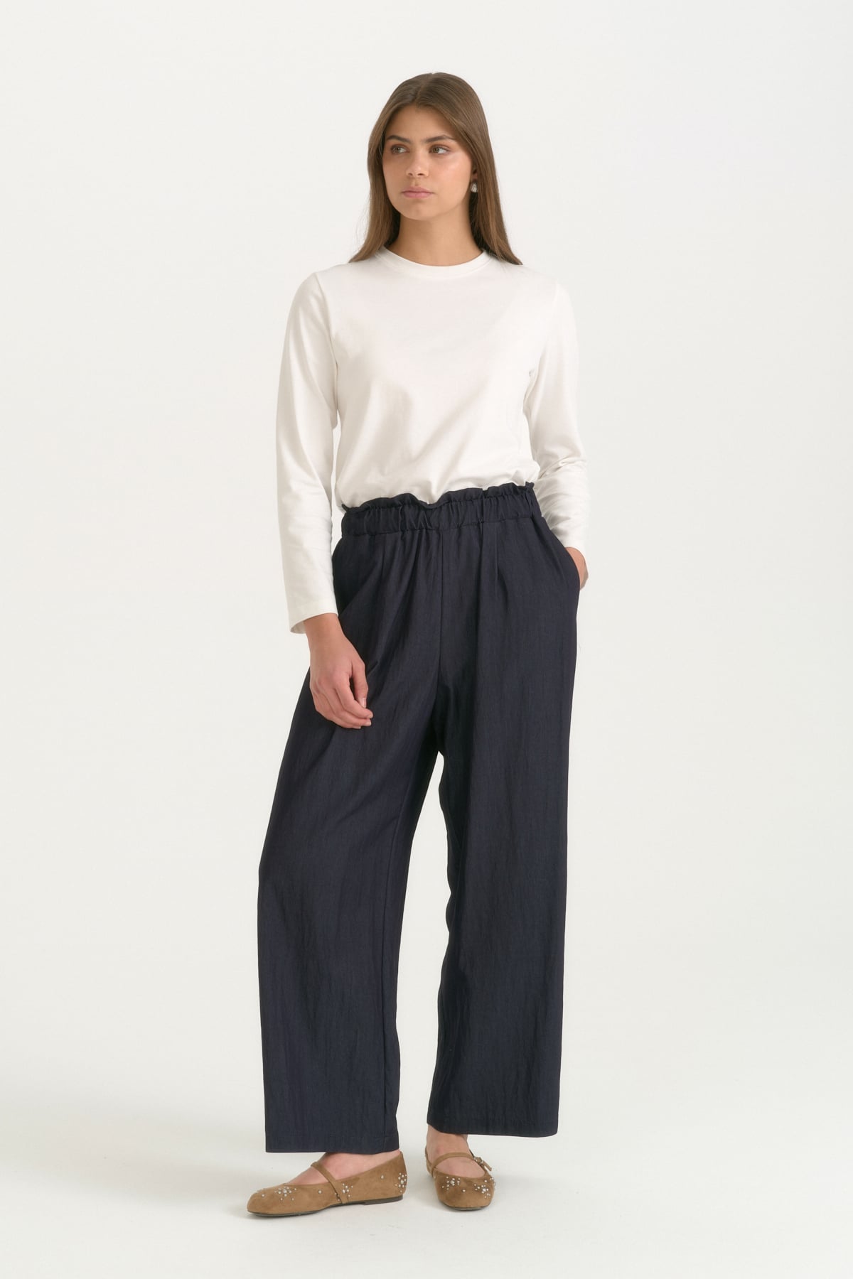 Beli Lastikli Düğme Detaylı Rayon Pantolon  İndigo