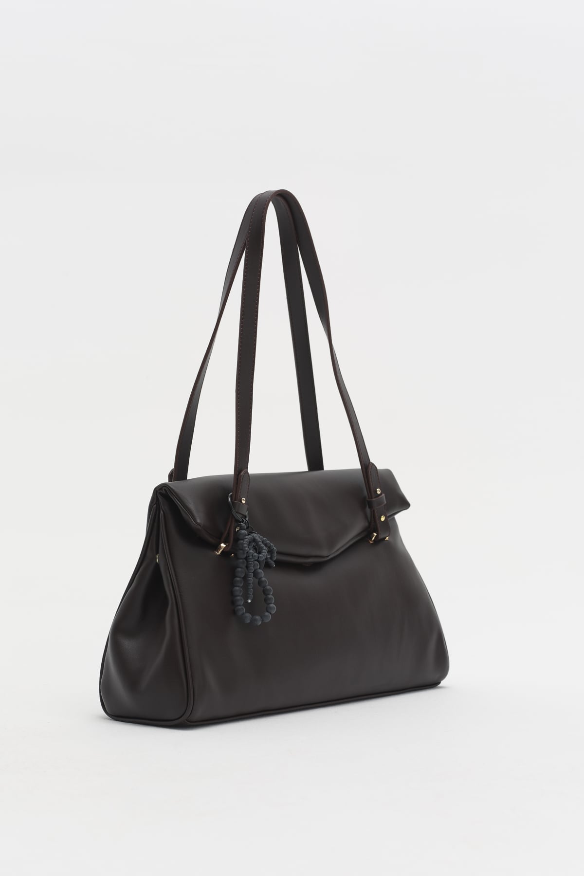 Çift Saplı Charm Detaylı Shopper Çanta  Kahve
