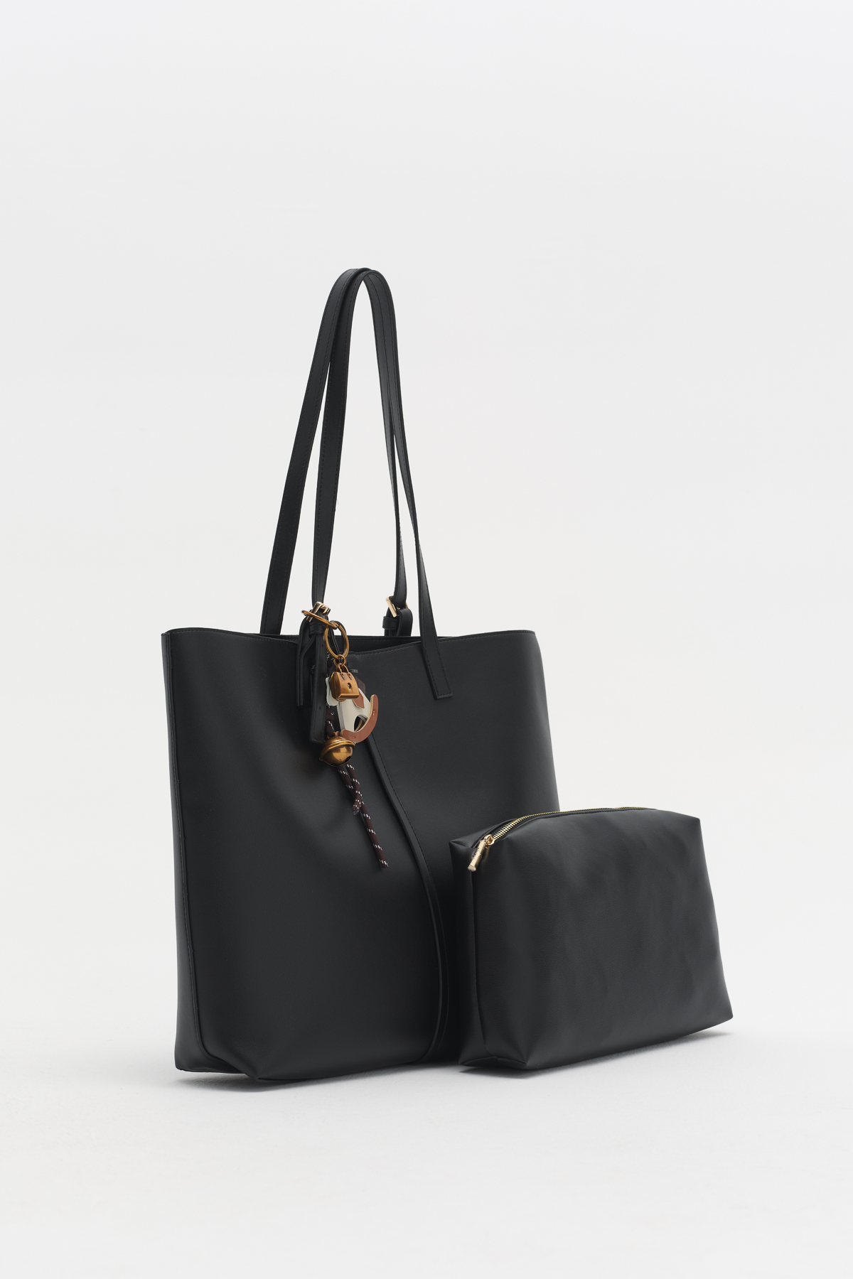 Çift Saplı Charm Detaylı Shopper Çanta  Siyah