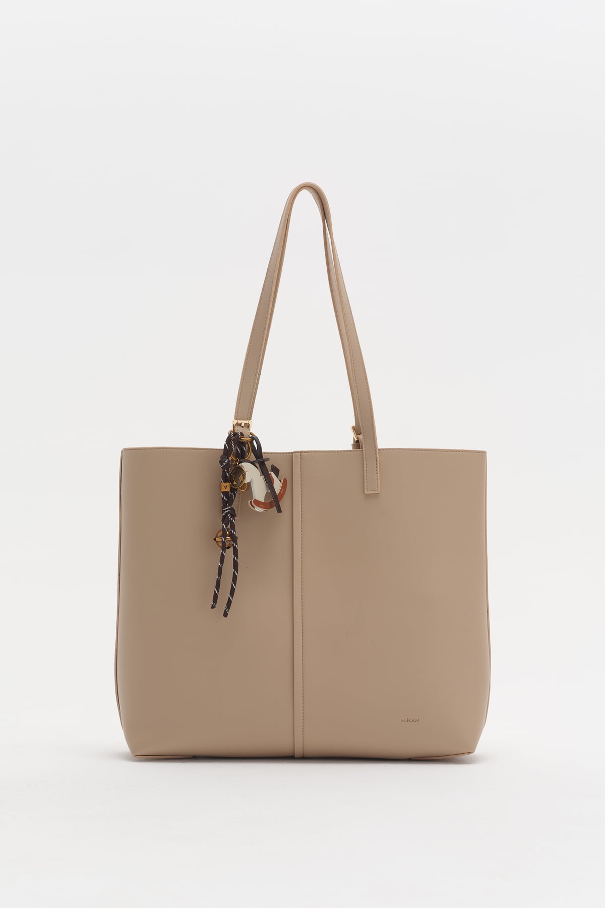Çift Saplı Charm Detaylı Shopper Çanta  Toprak