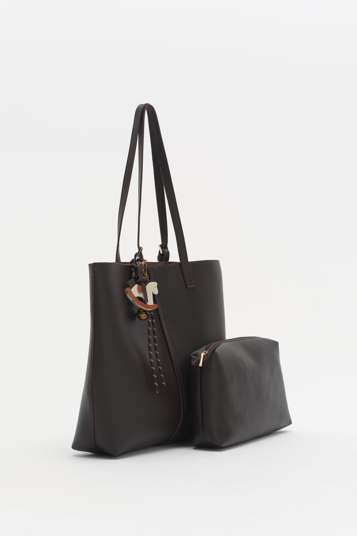 Çift Saplı Charm Detaylı Shopper Çanta  Kahve