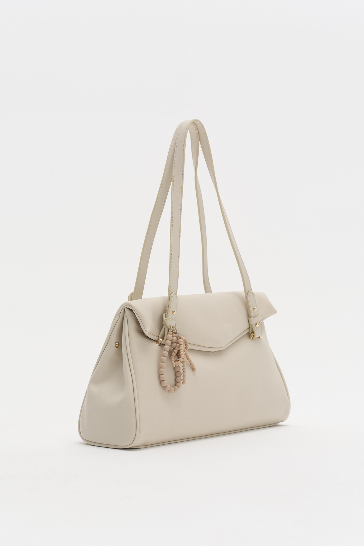 Çift Saplı Charm Detaylı Shopper Çanta  Bej