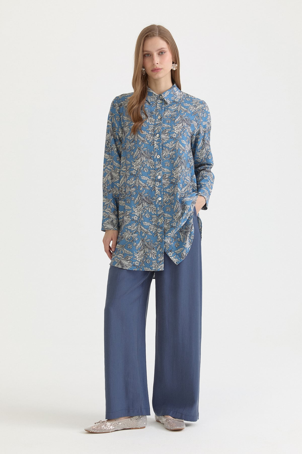 Desenli Basic Lyocell Tunik  İndigo