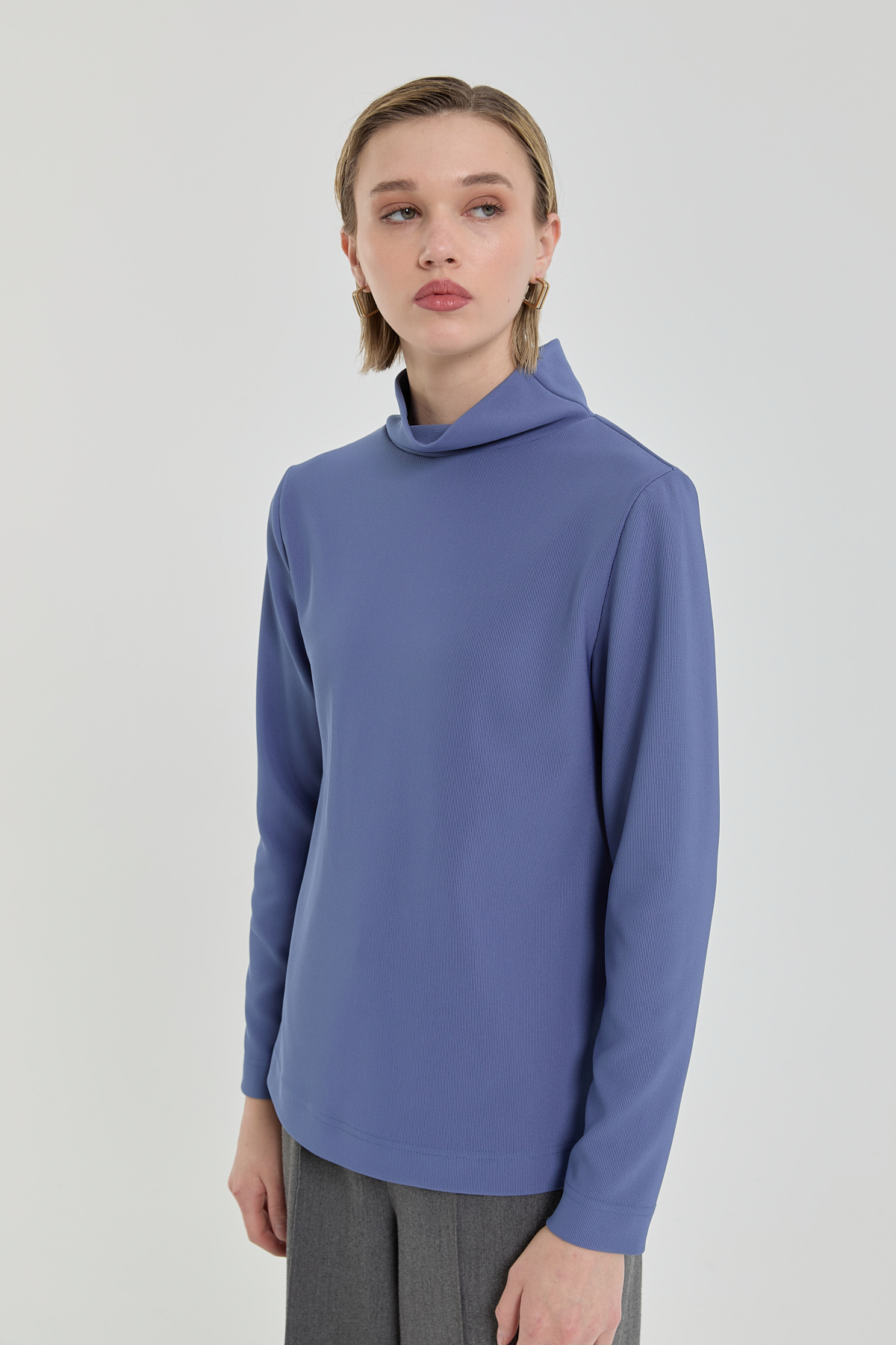 Dik Yaka Basic Örme Bluz  İndigo