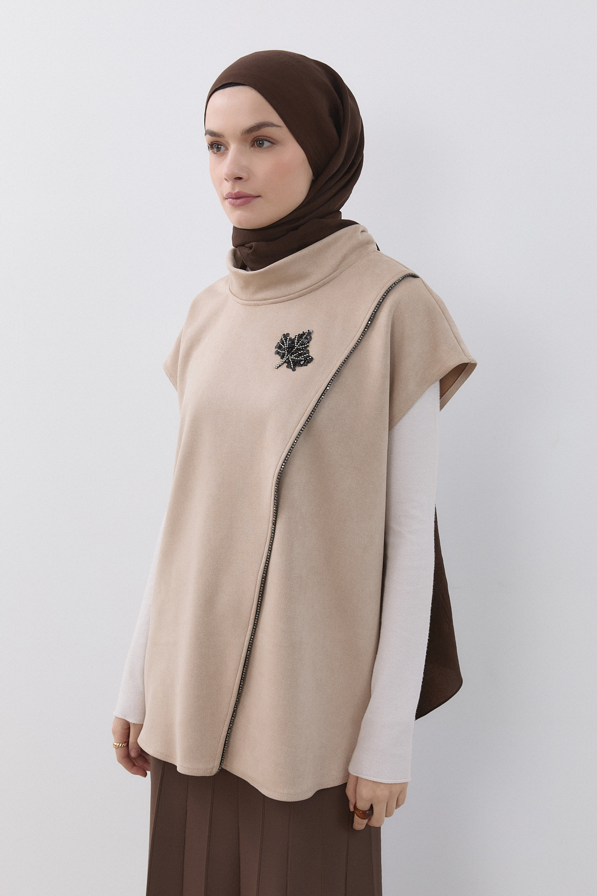 Dik Yaka Süet Süveter  Bej