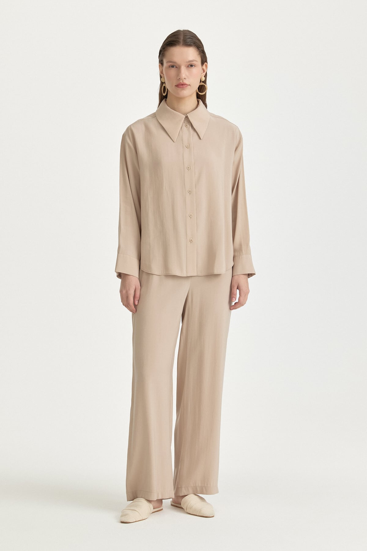 Düşük Kollu Basic Modal Gömlek  Vizon