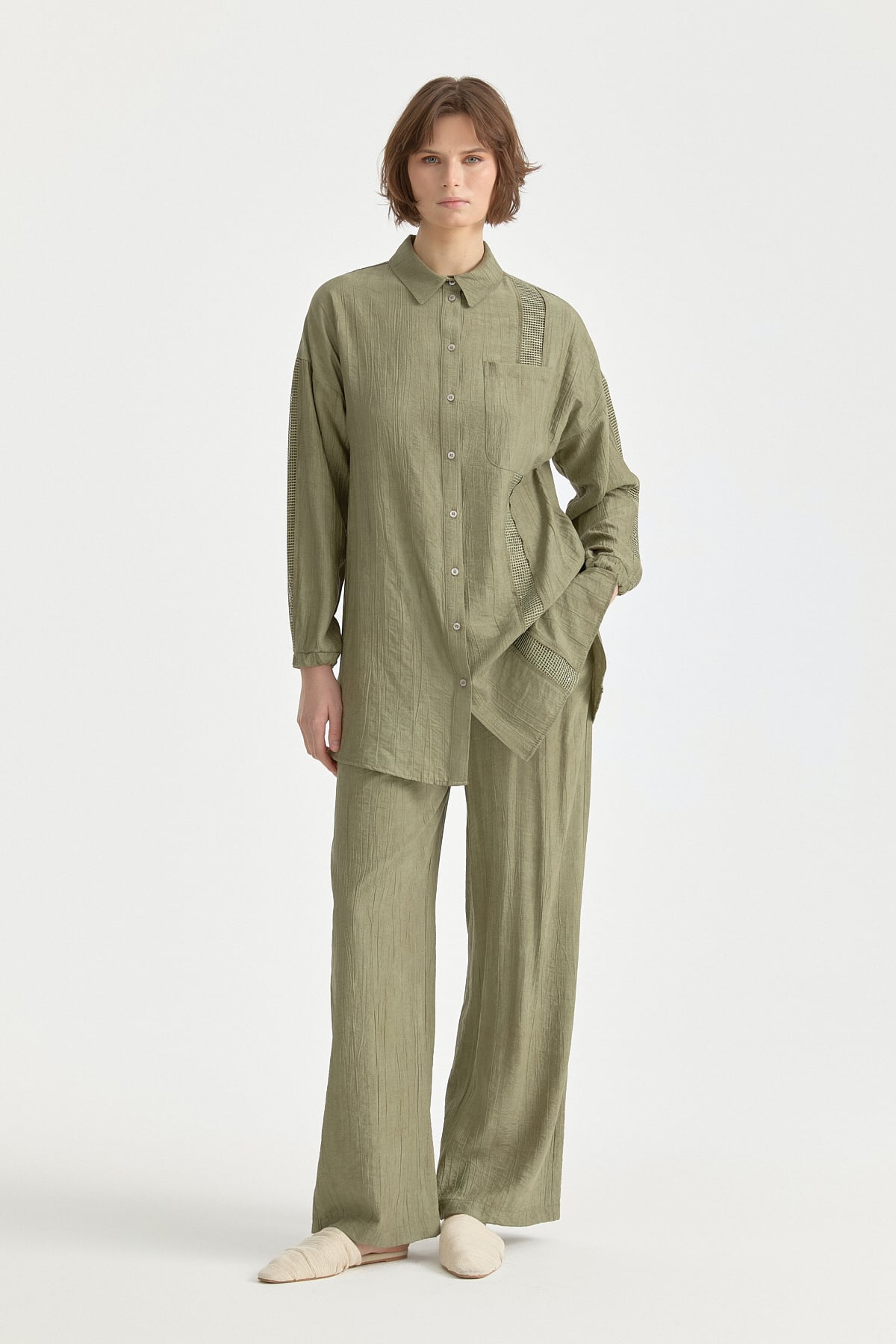 File ve Taş Aksesuar Detaylı Rayon Pantolon Tunik Takım  Haki