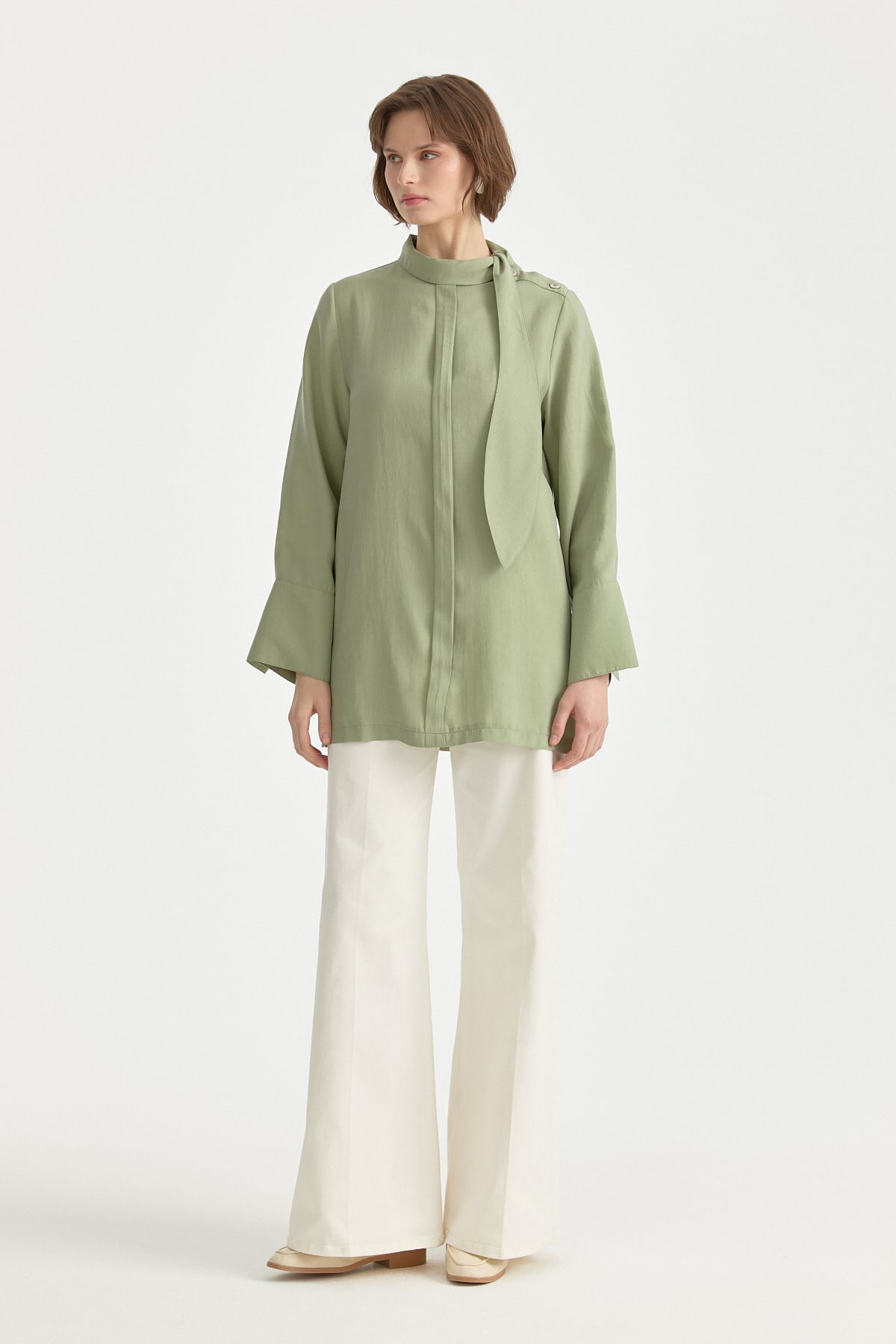 Fular Yaka Tencel Tunik  Yeşil