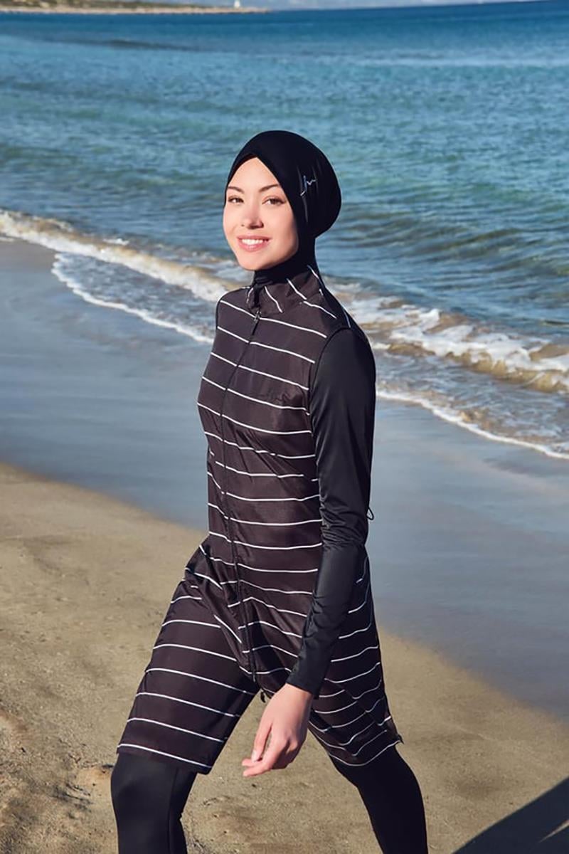 HAŞEMA Haşema Çise Çizgili Siyah Jileli Tam Tesettür Mayo Takımı  Siyah_modest