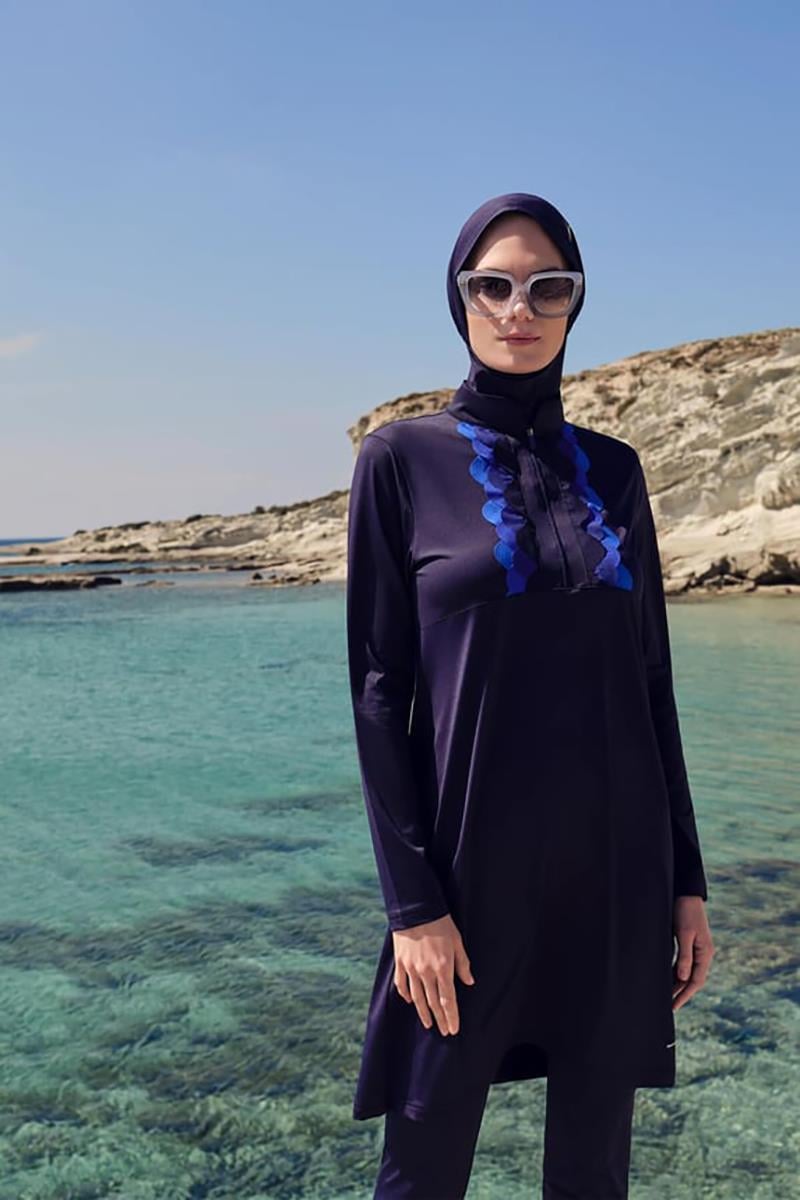 HAŞEMA Haşema Su Lazer Kesim Detaylı Tesettür Mayo Takımı  Lacivert_modest