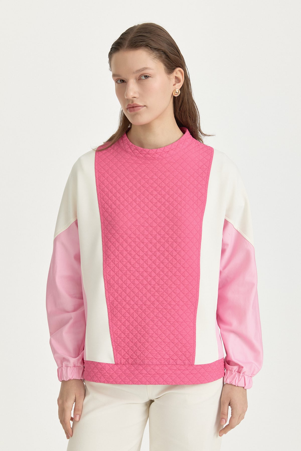 İnce Kapitone Renk Bloklu Sweat  Pembe