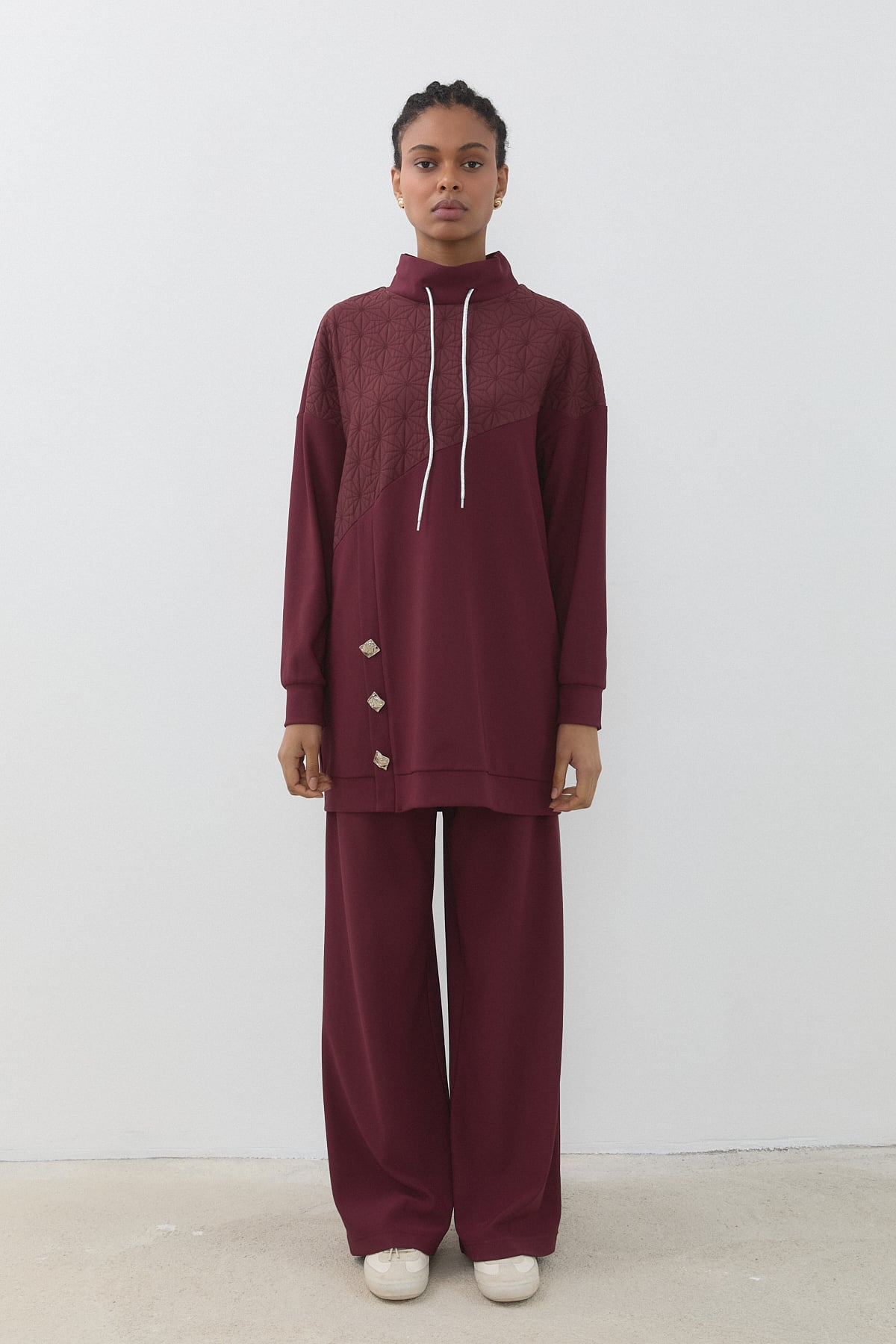 Jakar Kumaş Detaylı Örme Pantolon Tunik Takım  Bordo