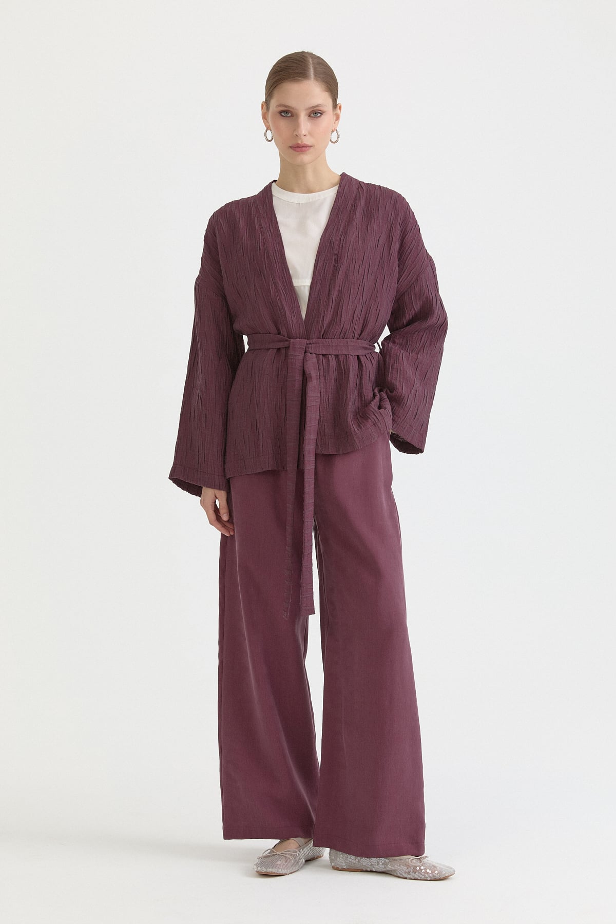 Kısa Bağlamalı Lyocell Kimono  Mürdüm