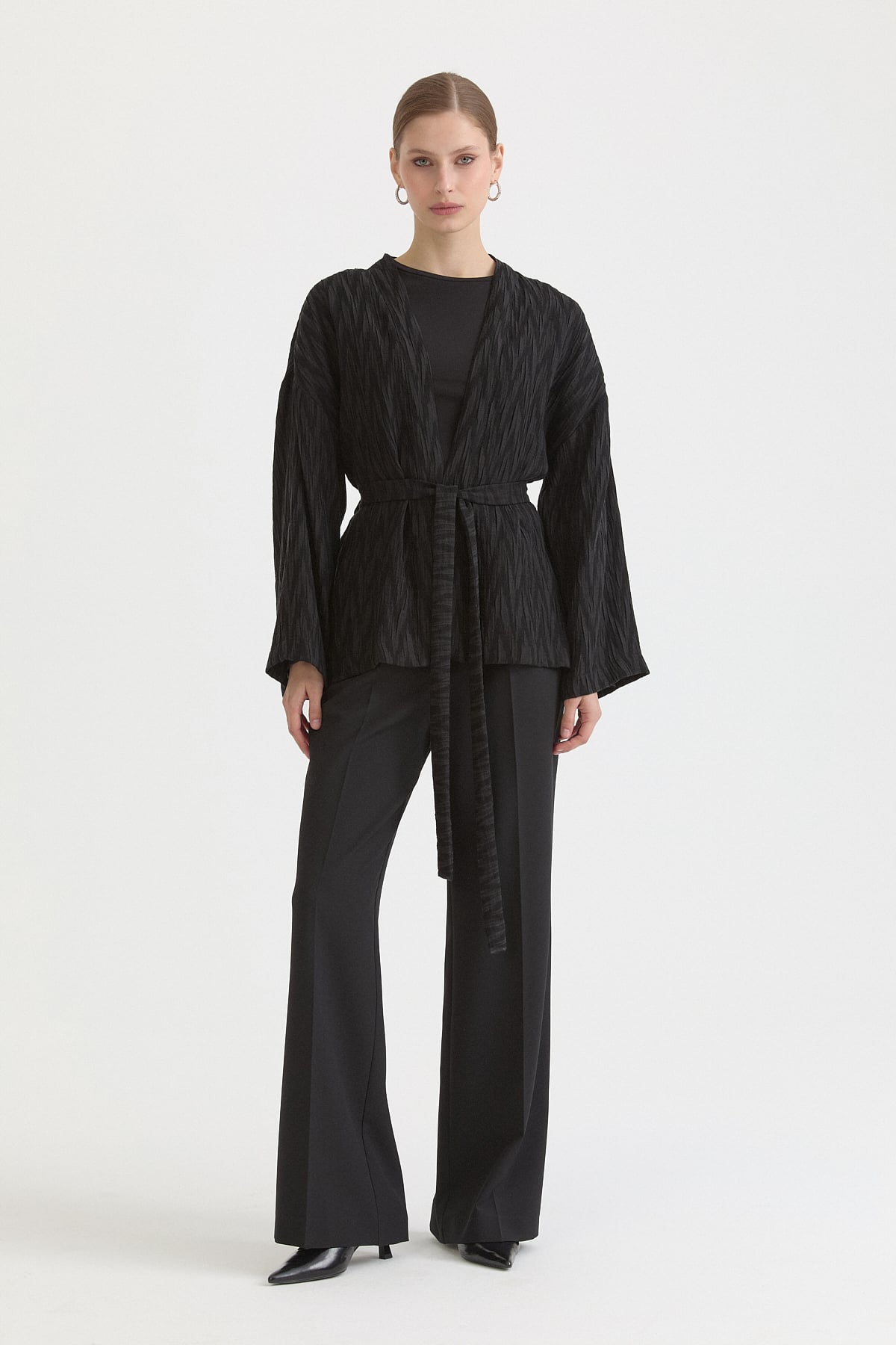 Kısa Bağlamalı Lyocell Kimono  Siyah