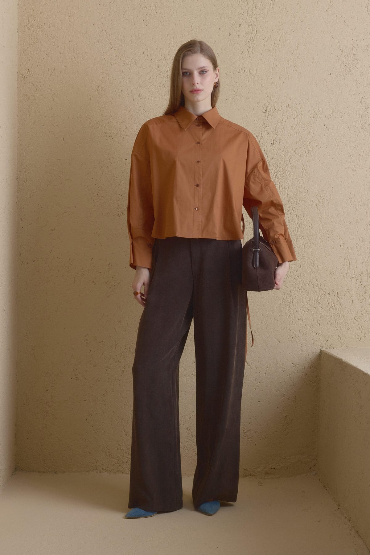 Kol Detaylı Oversize Pamuk Gömlek  Taba