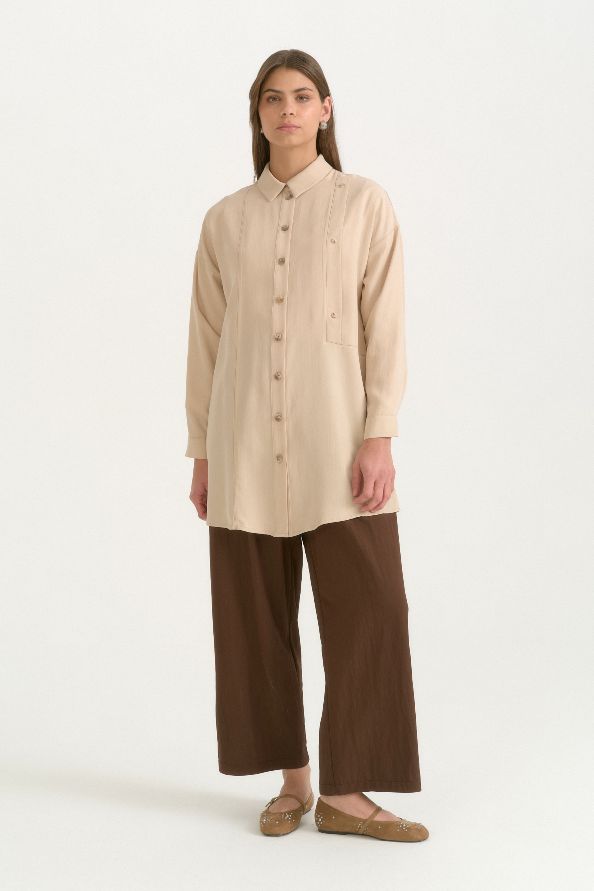 Kontrast Dikiş Detaylı Oversize Lyocell Tunik  Bej