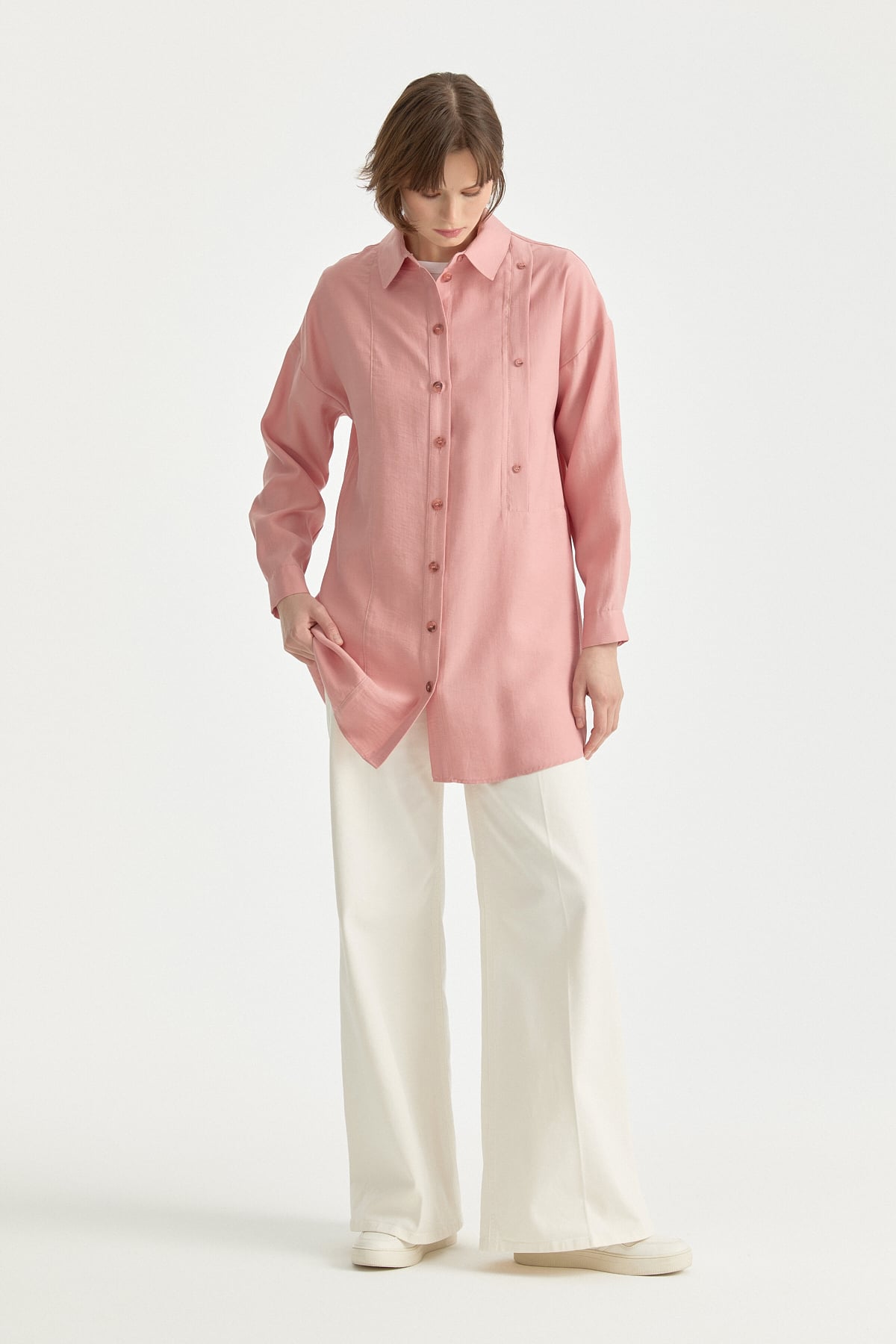 Kontrast Dikiş Detaylı Oversize Tencel Tunik  Pudra