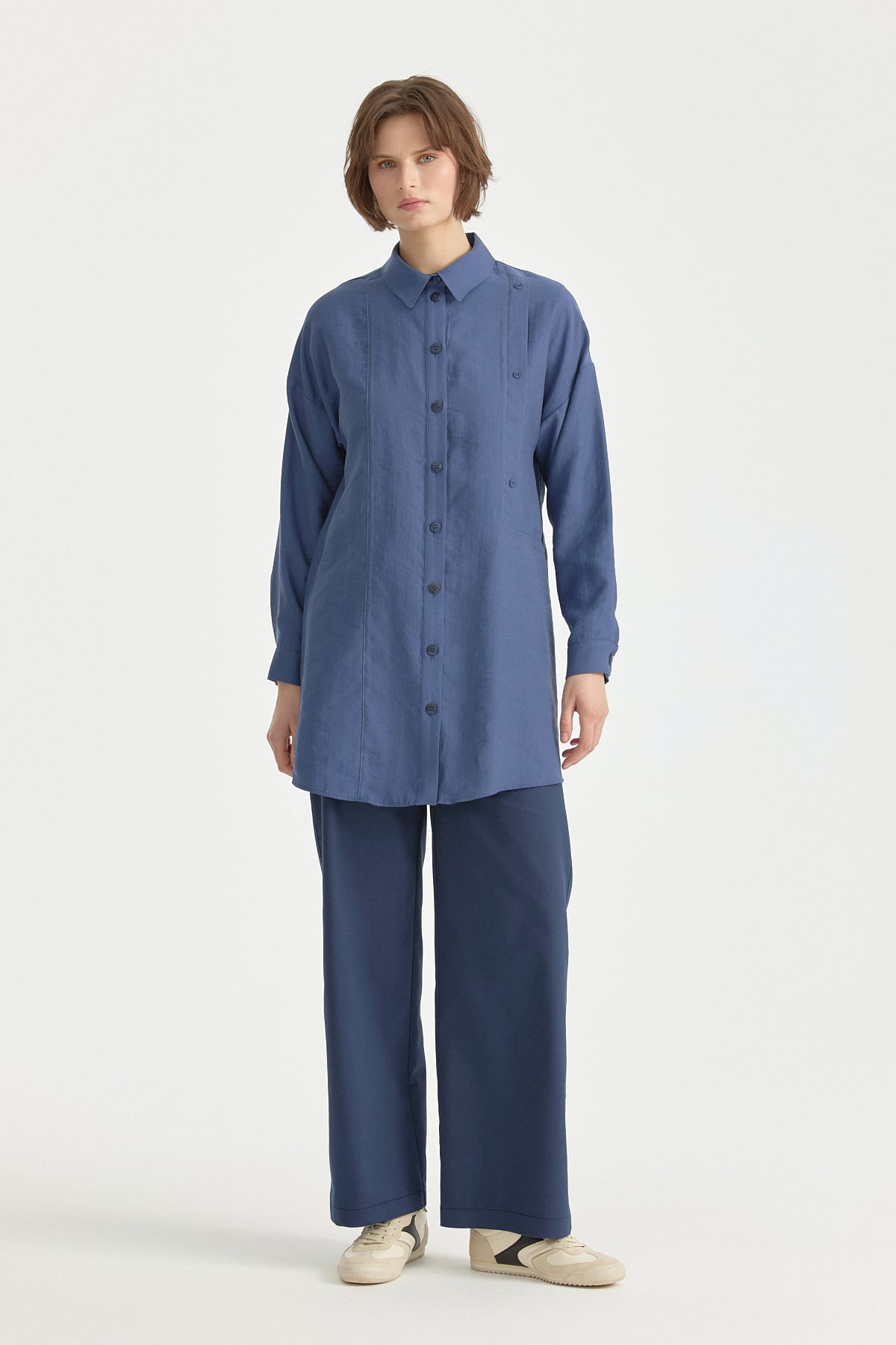 Kontrast Dikiş Detaylı Oversize Tencel Tunik  İndigo