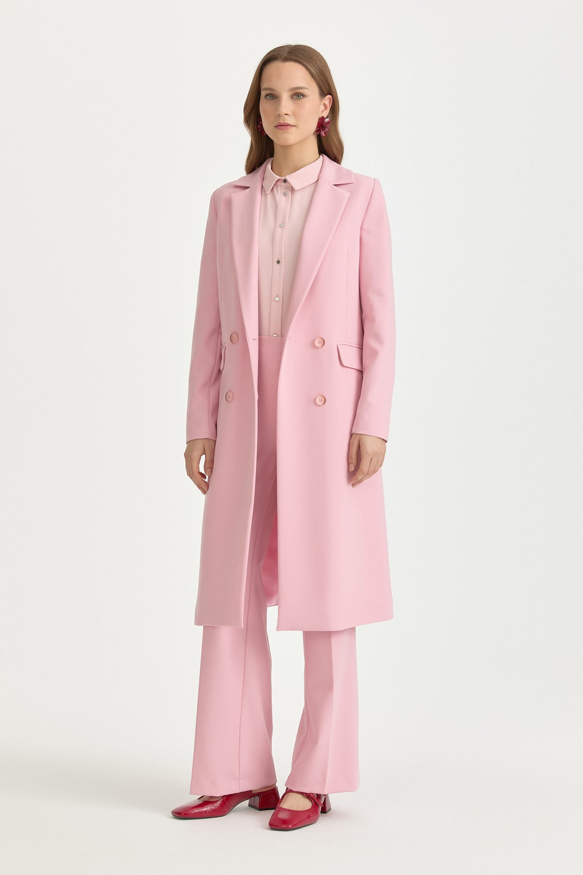 Kruvaze Kapama Uzun Blazer Ceket  Pembe